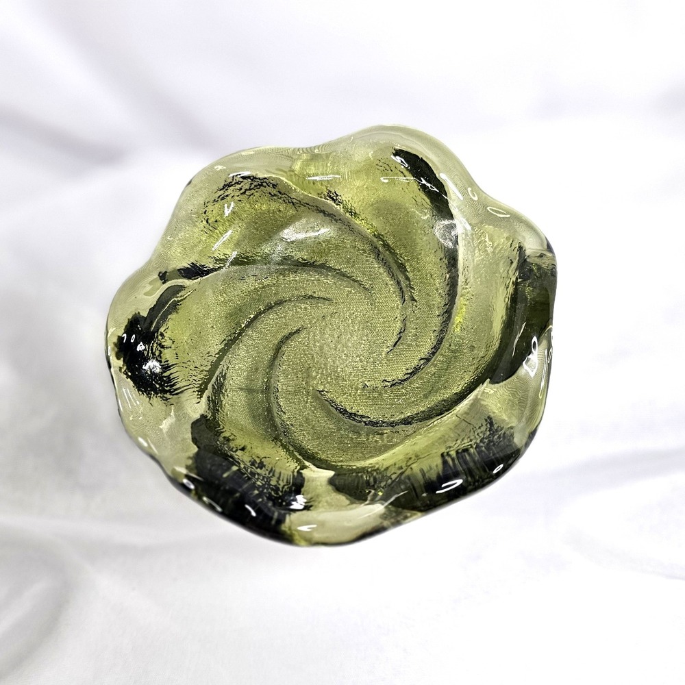 Vintage Fenton Art Glass Smokey Green Swirl 5" Trinket Dish